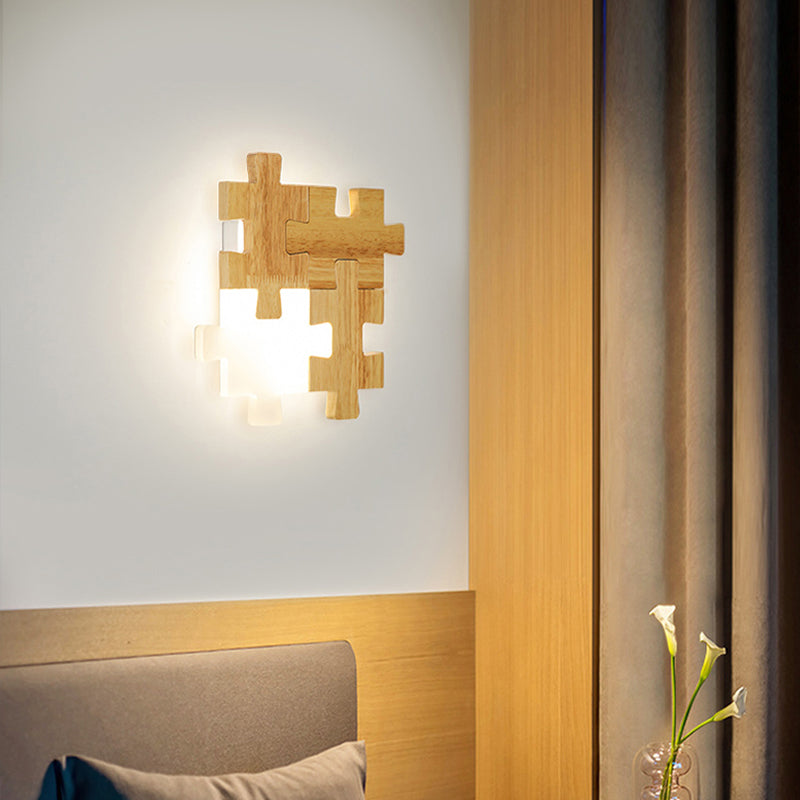 BowLift | Jigsaw Puzzle Wall Light Simple LED Wood Wall Lighting Device with Opal Glass Shade for Bedroom