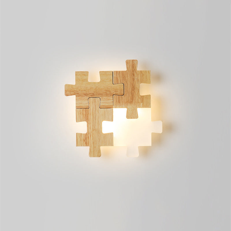 BowLift | Jigsaw Puzzle Wall Light Simple LED Wood Wall Lighting Device with Opal Glass Shade for Bedroom