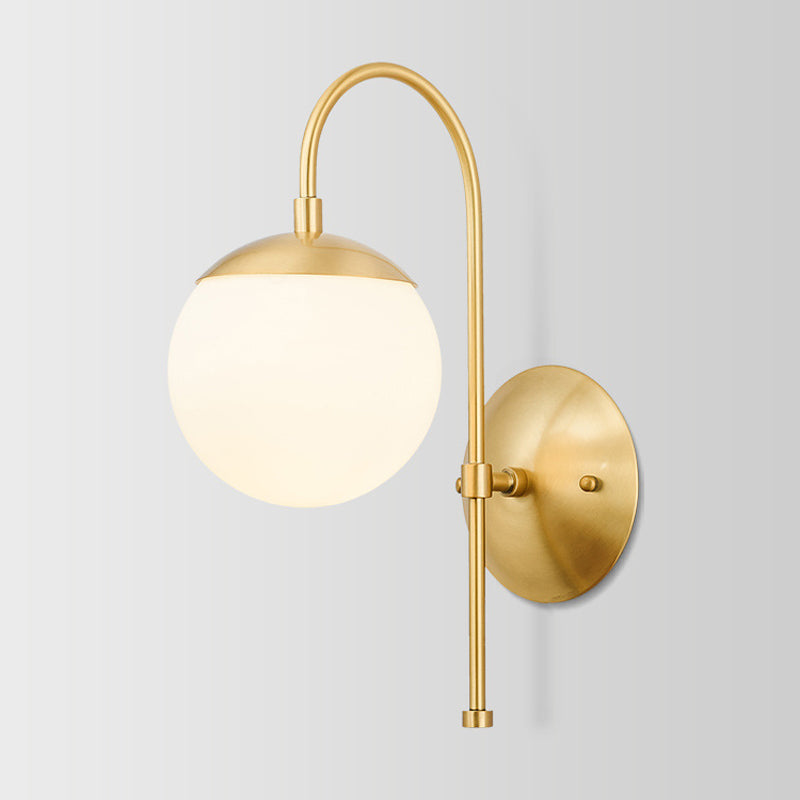 BowLift | Gold Round Wall Lamp Sconce Modernist 1 Light Opal Glass Wall Montreal Lighting with Gooseneck Arm