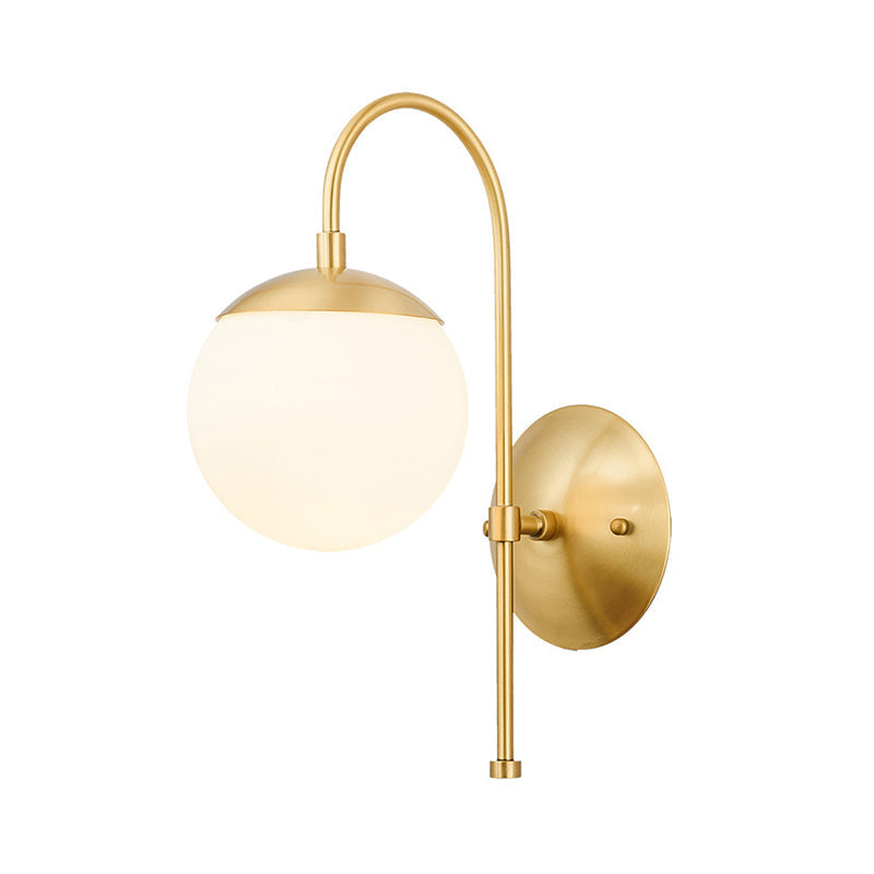 BowLift | Gold Round Wall Lamp Sconce Modernist 1 Light Opal Glass Wall Montreal Lighting with Gooseneck Arm