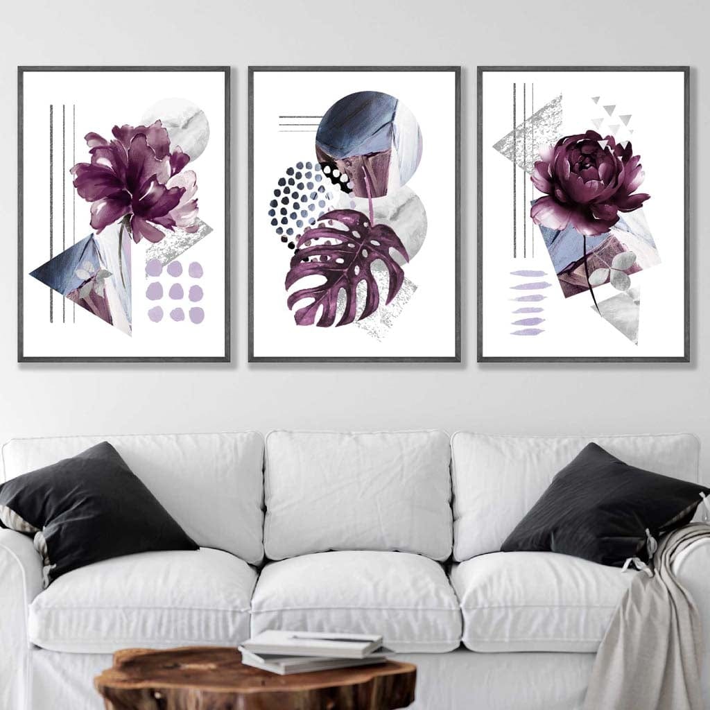 Contemporary purple and silver-gray flower set of 3 wall art prints | Bowlift