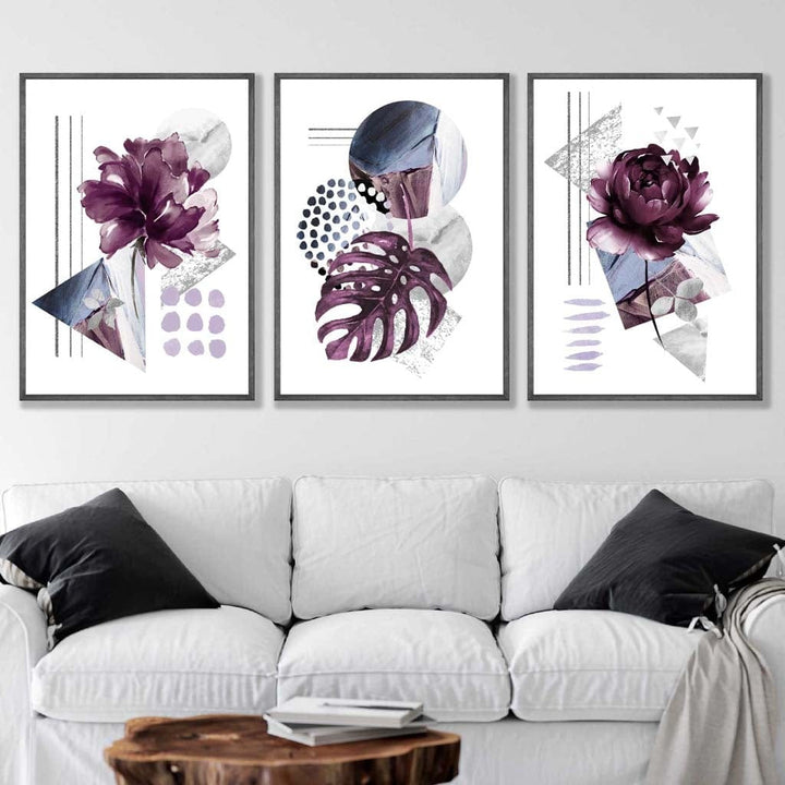 Contemporary purple and silver-gray flower set of 3 wall art prints | Bowlift