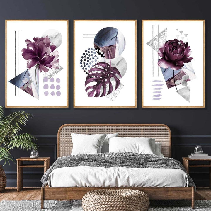 Contemporary purple and silver-gray flower set of 3 wall art prints | Bowlift