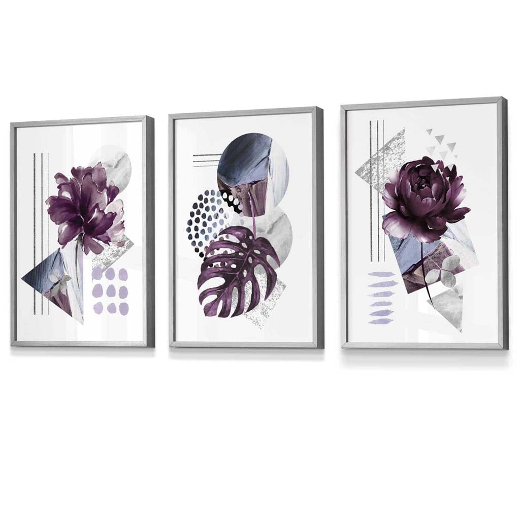 Abstract lilac and silver gray floral framed wall art prints | Bowlift