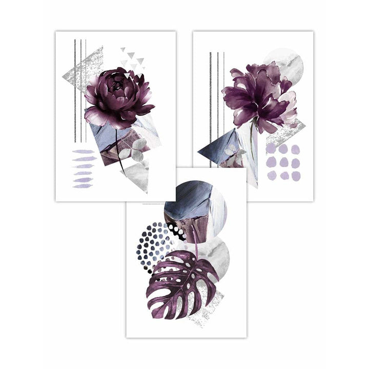 Contemporary purple and silver-gray flower set of 3 wall art prints | Bowlift