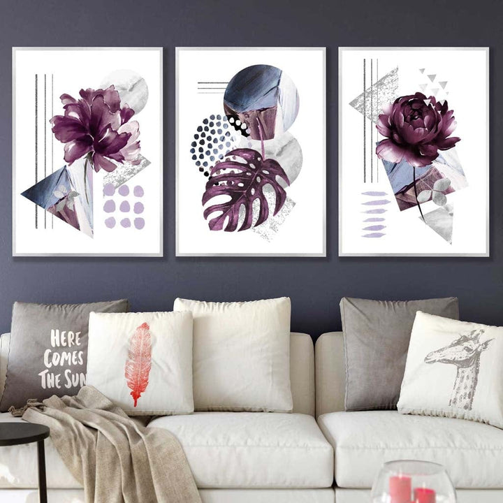 Abstract lilac and silver gray floral framed wall art prints | Bowlift