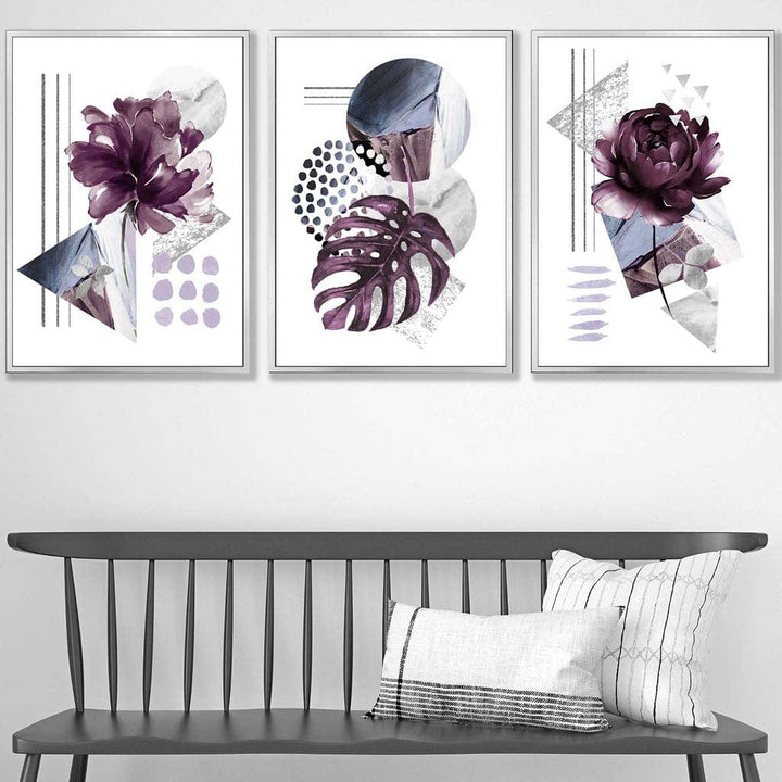 Contemporary purple and silver-gray flower set of 3 wall art prints | Bowlift