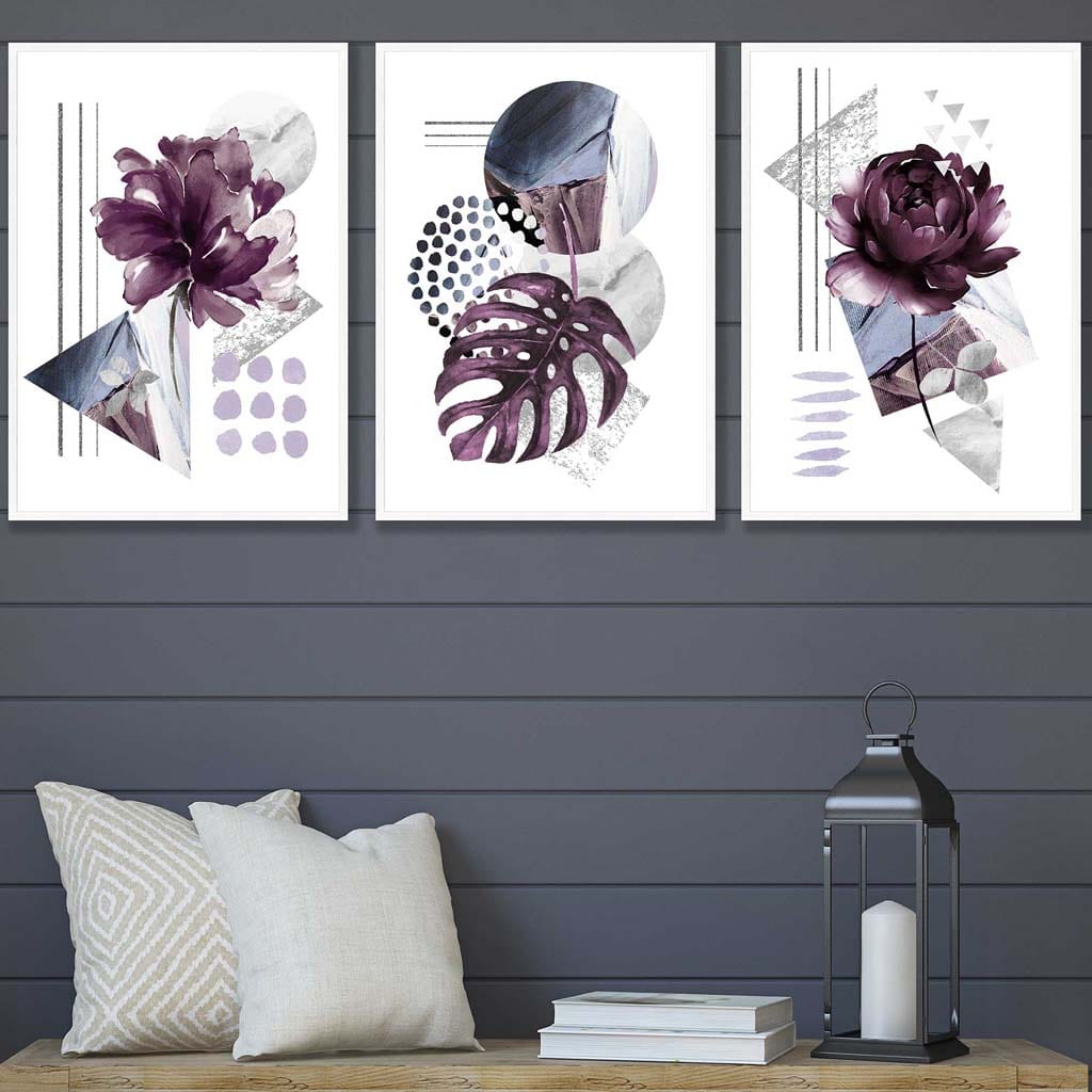 Contemporary purple and silver-gray flower set of 3 wall art prints | Bowlift