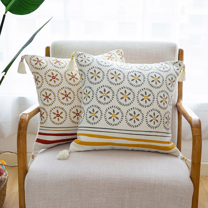 Decorative cushion cover with woven medallion pattern and tassels Bowlift