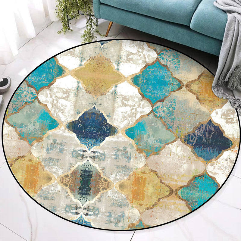 Worn Blue-Yellow Moroccan Carpet Polypropylene Four-Leaf Pattern Rug Non-Slip Back Pet-Friendly Stain-Resistant Rug for Room | Bowlift