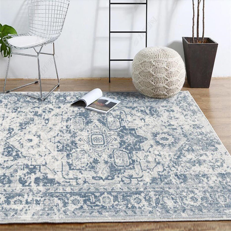 Washed white light blue floral rug polyester Moroccan rug non-slip backing stain resistant machine washable rug for the living room | Bowlift