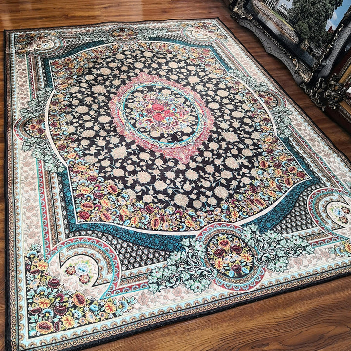 Glam Persian Indoor Carpet Multicolored Floral Print Rug With Non-Slip Bottom Machine Washable Pet-Friendly Rug for the Living Room | Bowlift