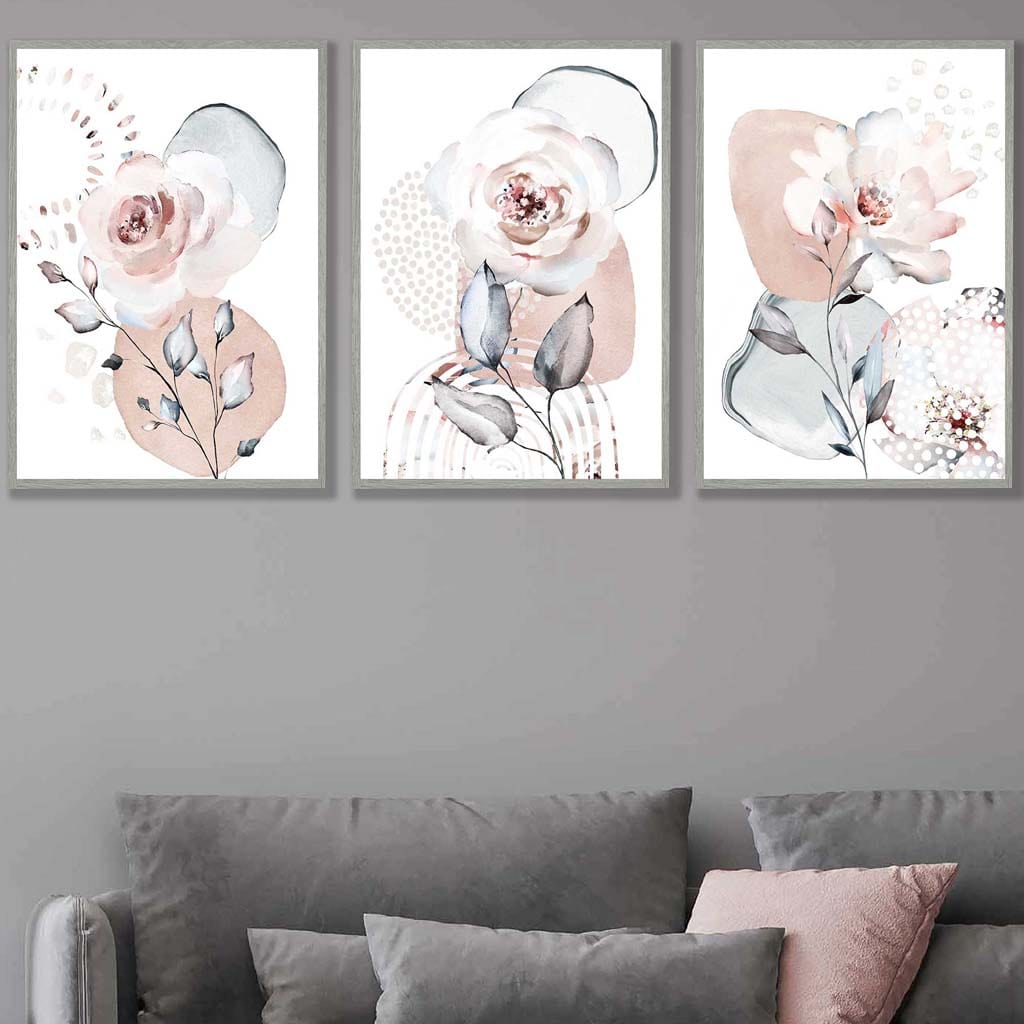 Abstract Blush Pink and Gray Flower Art Prints | Bowlift