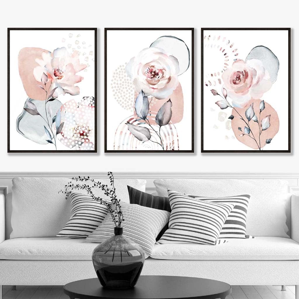Abstract Blush Pink and Gray Floral Framed Wall Art Prints | Bowlift
