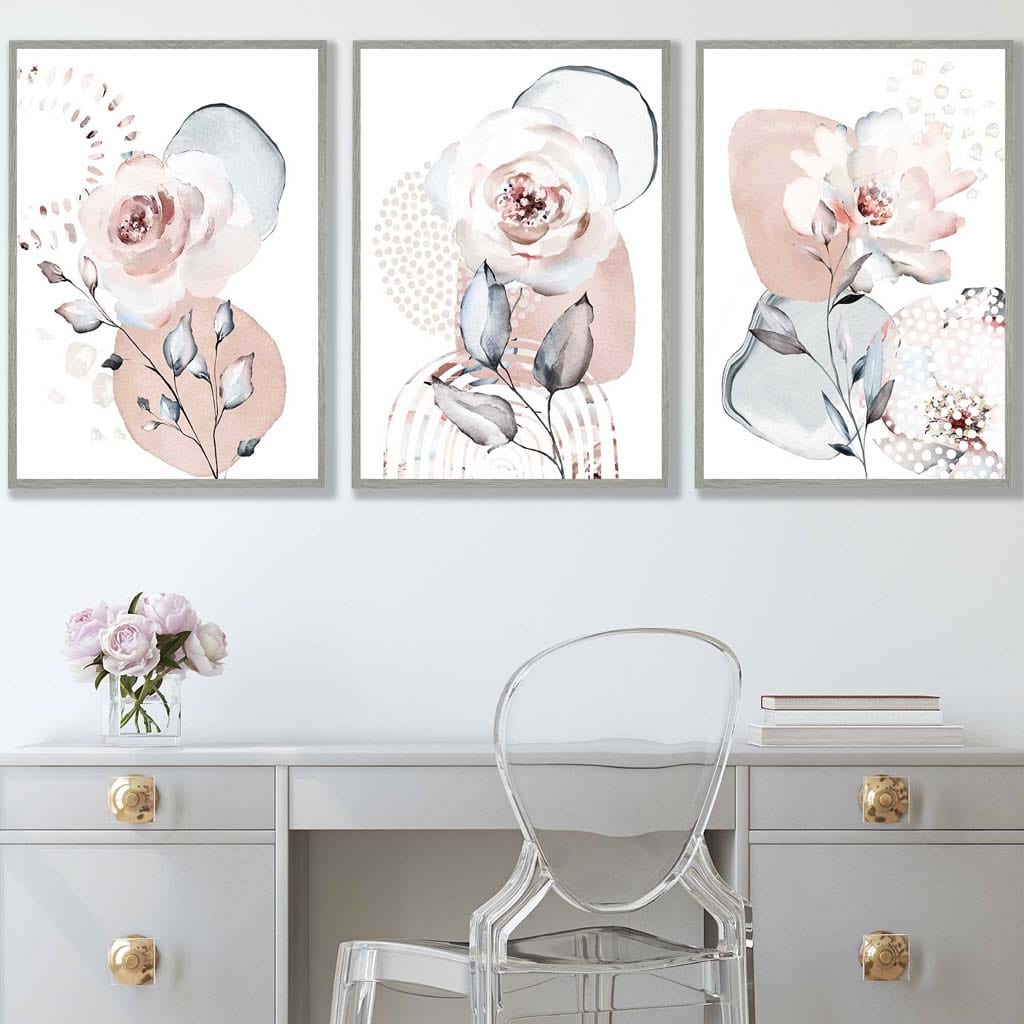 Abstract Blush Pink and Gray Flower Art Prints | Bowlift