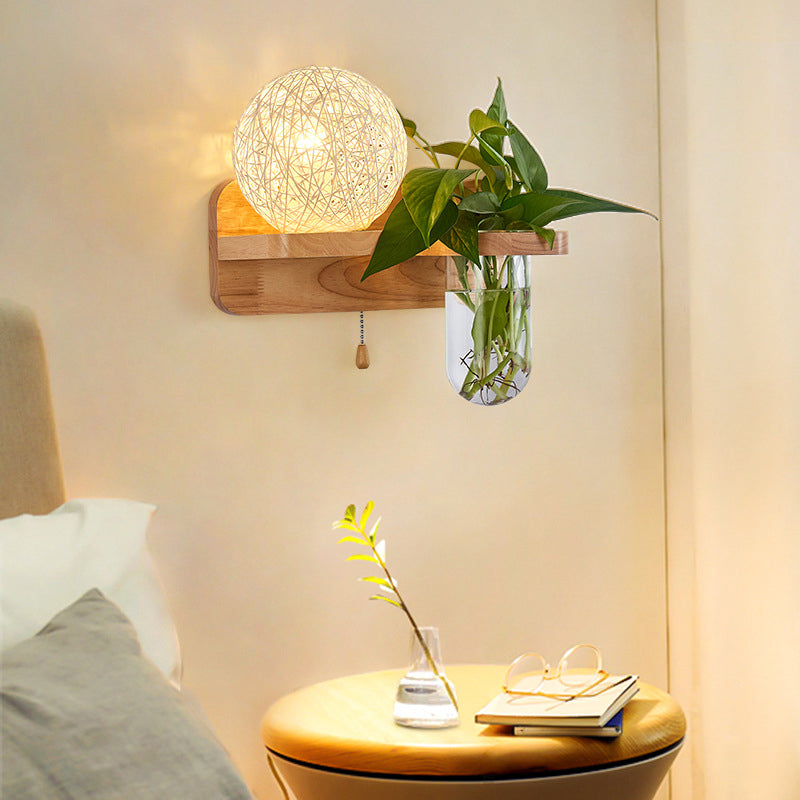 BowLift | Ball-shaped Nightstand Lamp Rattan 1-Light Modern Wall Lamp with Pull Switch in Wood