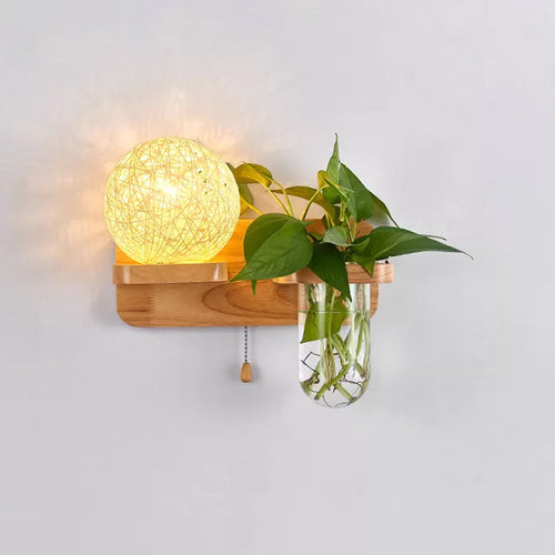 BowLift | Ball-shaped Nightstand Lamp Rattan 1-Light Modern Wall Lamp with Pull Switch in Wood