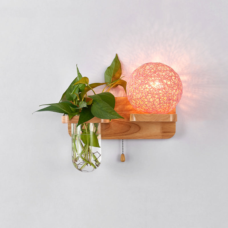 BowLift | Ball-shaped Nightstand Lamp Rattan 1-Light Modern Wall Lamp with Pull Switch in Wood