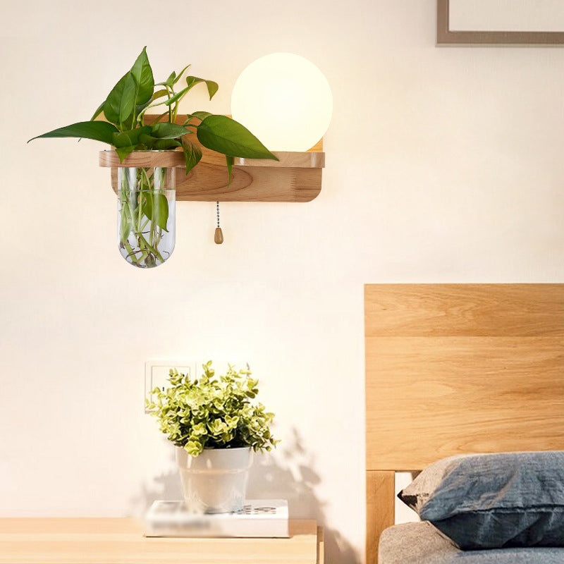 BowLift | Geometric Pull Chain Wall Light Simplicity White Glass Single Hall Wall Mounted Lamp in Wood