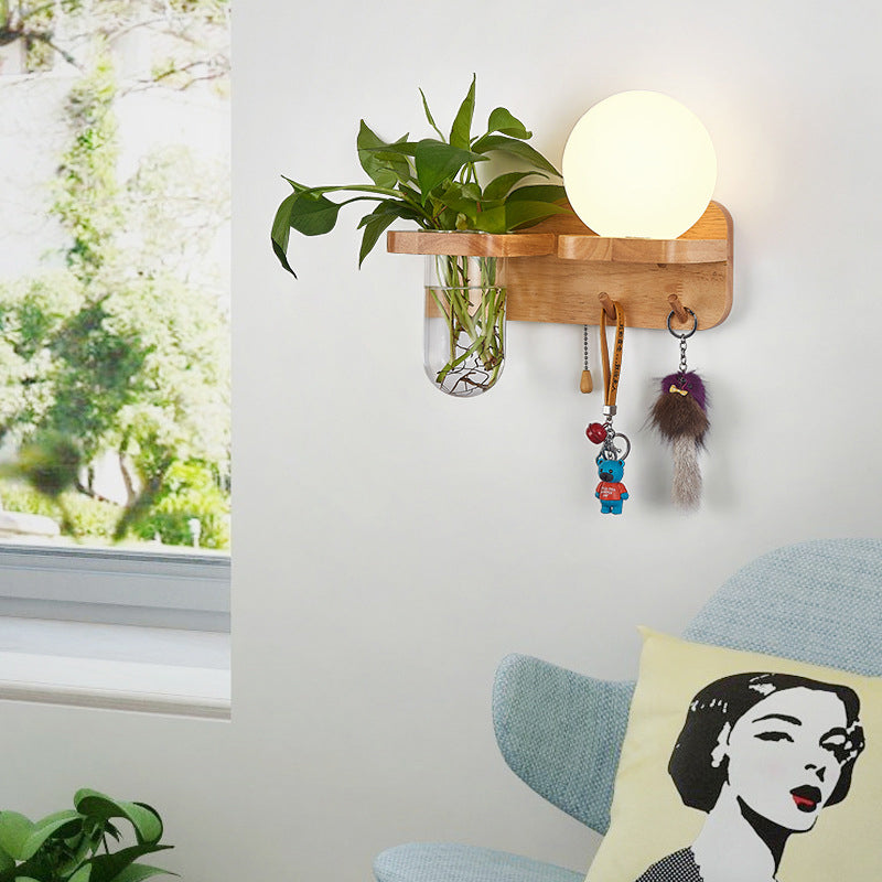 BowLift | Geometric Pull Chain Wall Light Simplicity White Glass Single Hall Wall Mounted Lamp in Wood
