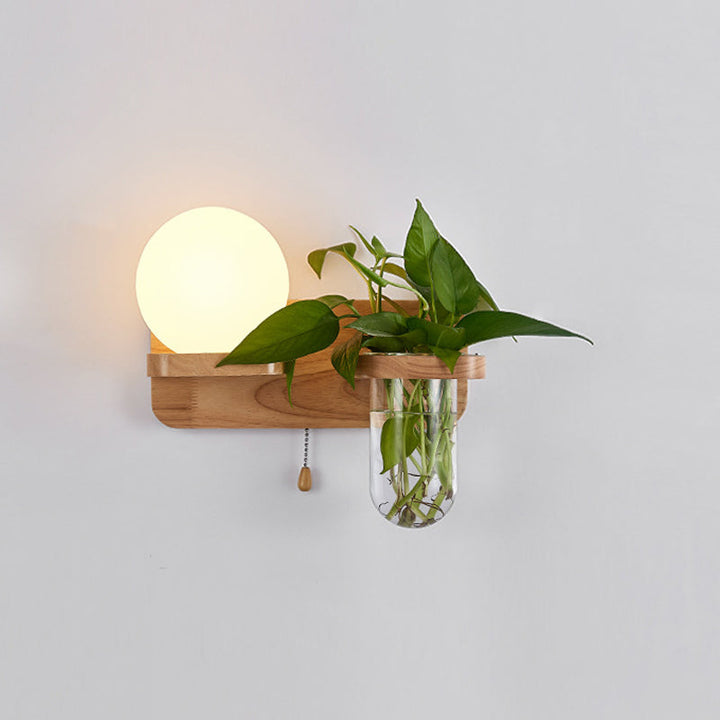 BowLift | Geometric Pull Chain Wall Light Simplicity White Glass Single Hall Wall Mounted Lamp in Wood