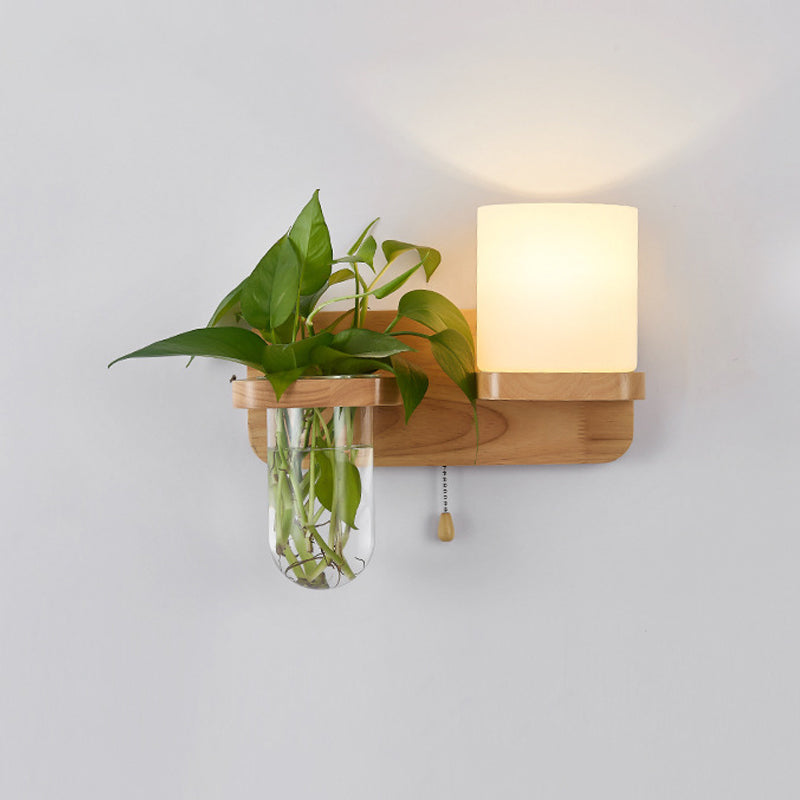 BowLift | Geometric Pull Chain Wall Light Simplicity White Glass Single Hall Wall Mounted Lamp in Wood
