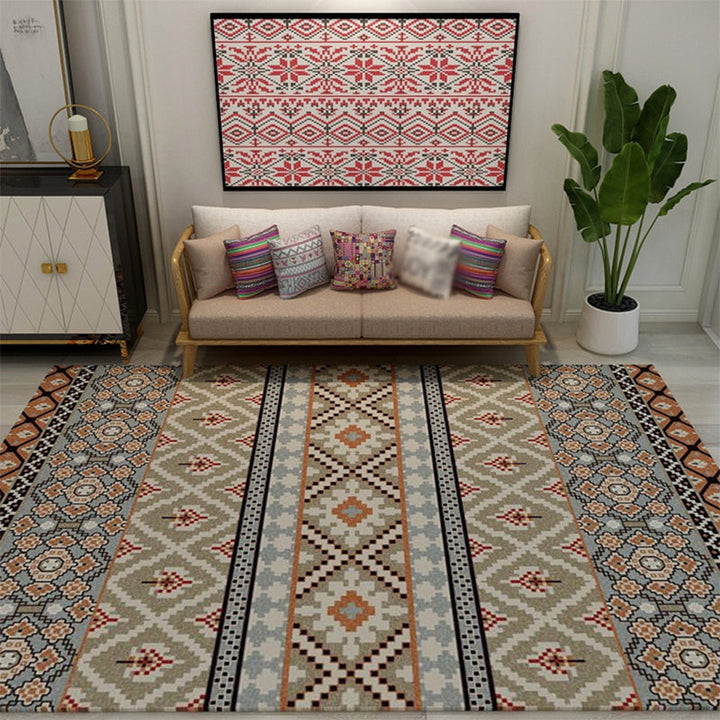 Colorful Moroccan style rug polyester geometric pattern rug non-slip back machine washable dirt repellent rug for indoor use | Bowlift