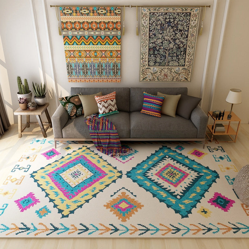 Colorful Moroccan style rug polyester geometric pattern rug non-slip back machine washable dirt repellent rug for indoor use | Bowlift