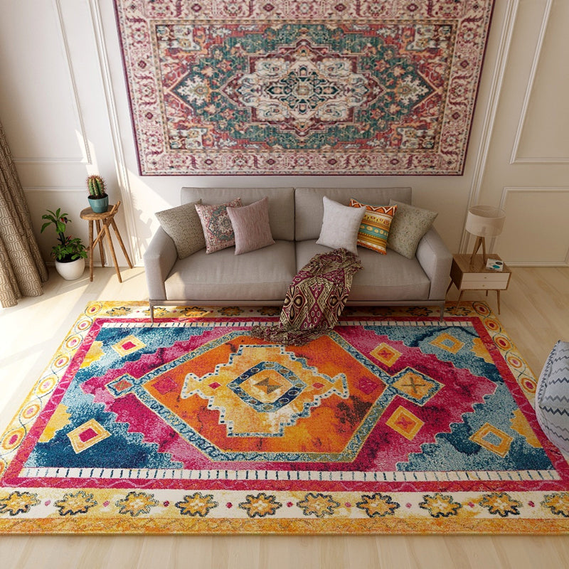 Colorful Moroccan style rug polyester geometric pattern rug non-slip back machine washable dirt repellent rug for indoor use | Bowlift