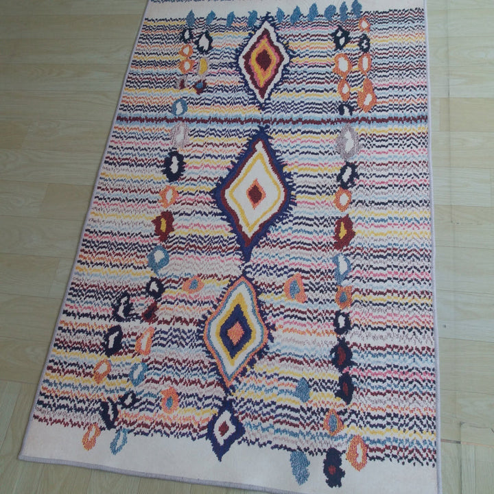 Colorful Moroccan style rug polyester geometric pattern rug non-slip back machine washable dirt repellent rug for indoor use | Bowlift