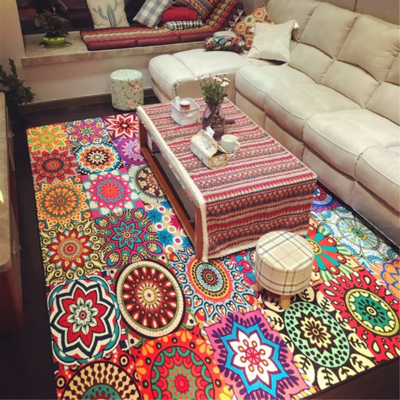 Multicolored Moroccan rug made of polypropylene, tribal floral rug, non-slip, dirt-repellent, washable rug for the living room | Bowlift