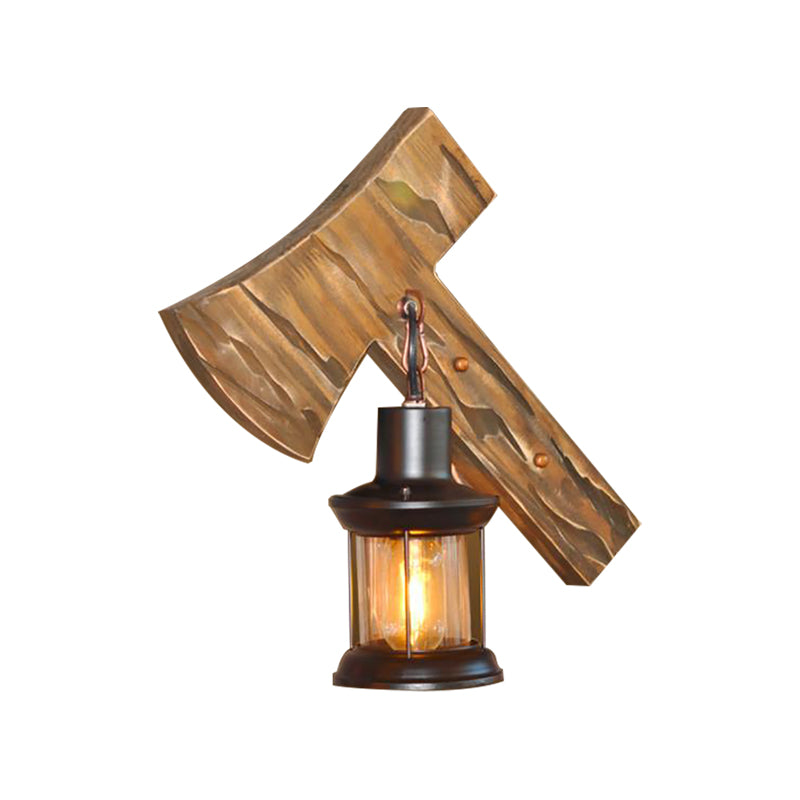 BowLift | Lantern Indoor Wall Lighting Rustic Style Clear Glass 1 Light Black Wall Lamp with Wooden Backplate