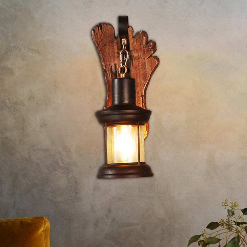 BowLift | Kerosene Dining Room Wall Lamp Coastal Clear Glass 1 Light Black Wall Lamp Light Fixture with Wooden Base/Axe Backplate