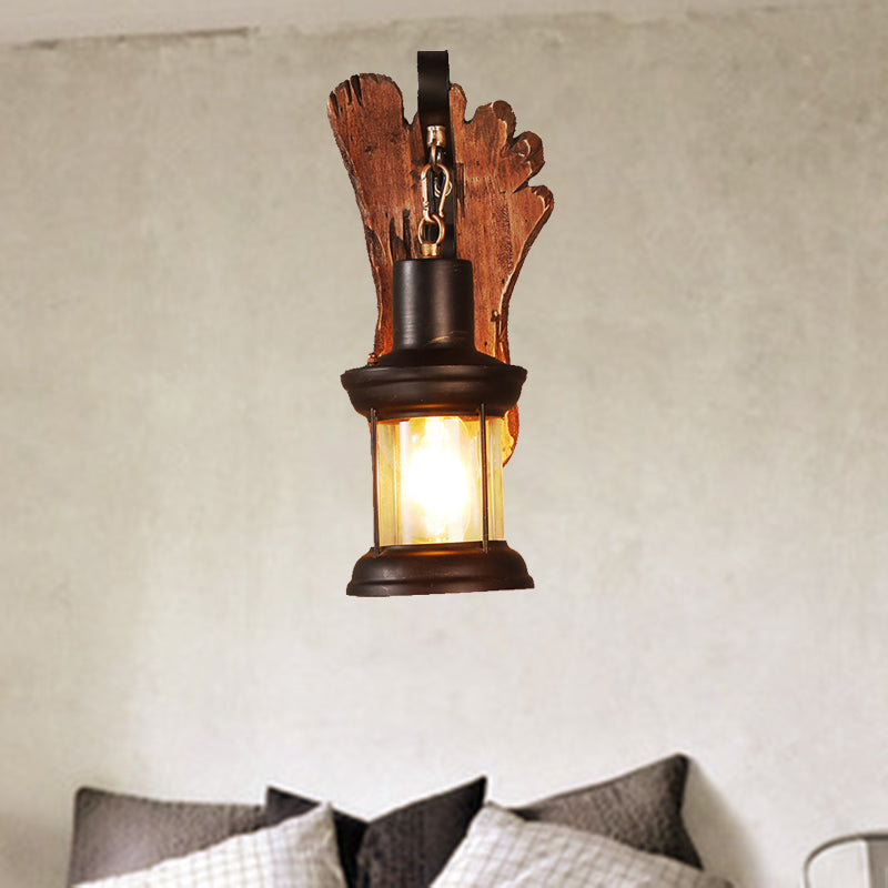 BowLift | Kerosene Dining Room Wall Lamp Coastal Clear Glass 1 Light Black Wall Lamp Light Fixture with Wooden Base/Axe Backplate