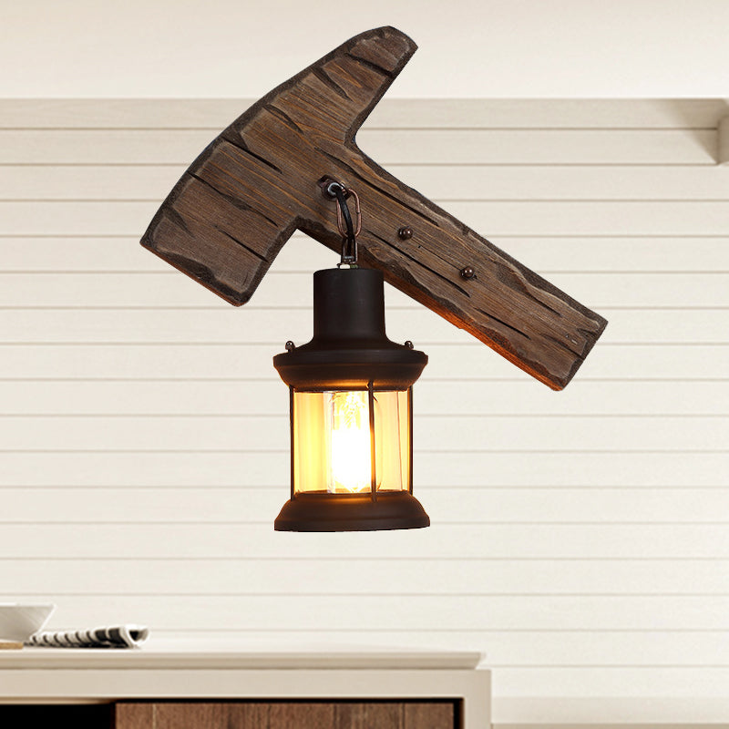 BowLift | Kerosene Dining Room Wall Lamp Coastal Clear Glass 1 Light Black Wall Lamp Light Fixture with Wooden Base/Axe Backplate