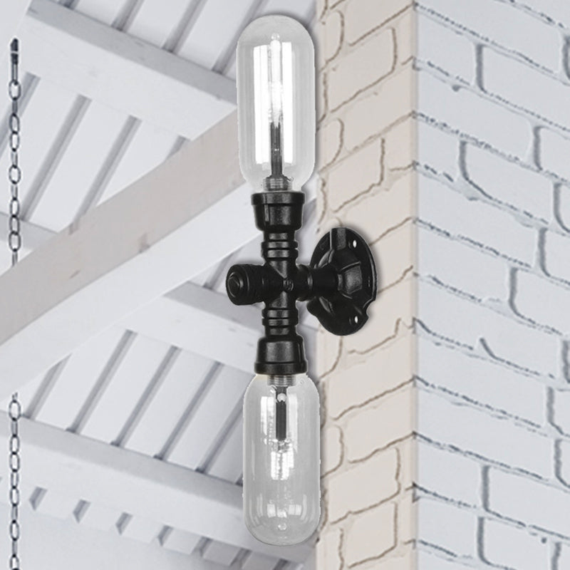 BowLift | Clear Glass Black Wall Lamp Capsule Shade 2/4 Light Industrial Wall Mounted Pipe Lighting