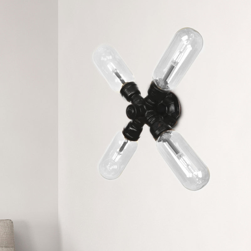 BowLift | Clear Glass Black Wall Lamp Capsule Shade 2/4 Light Industrial Wall Mounted Pipe Lighting