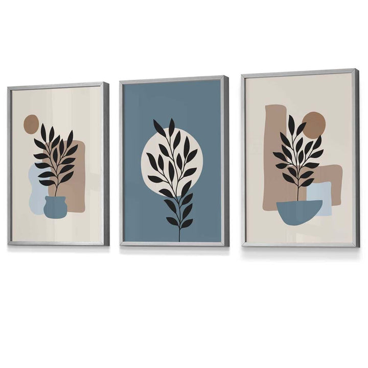 Botanical Set of 3 Boho Framed Wall Art Prints in Blue | Cream | Bowlift