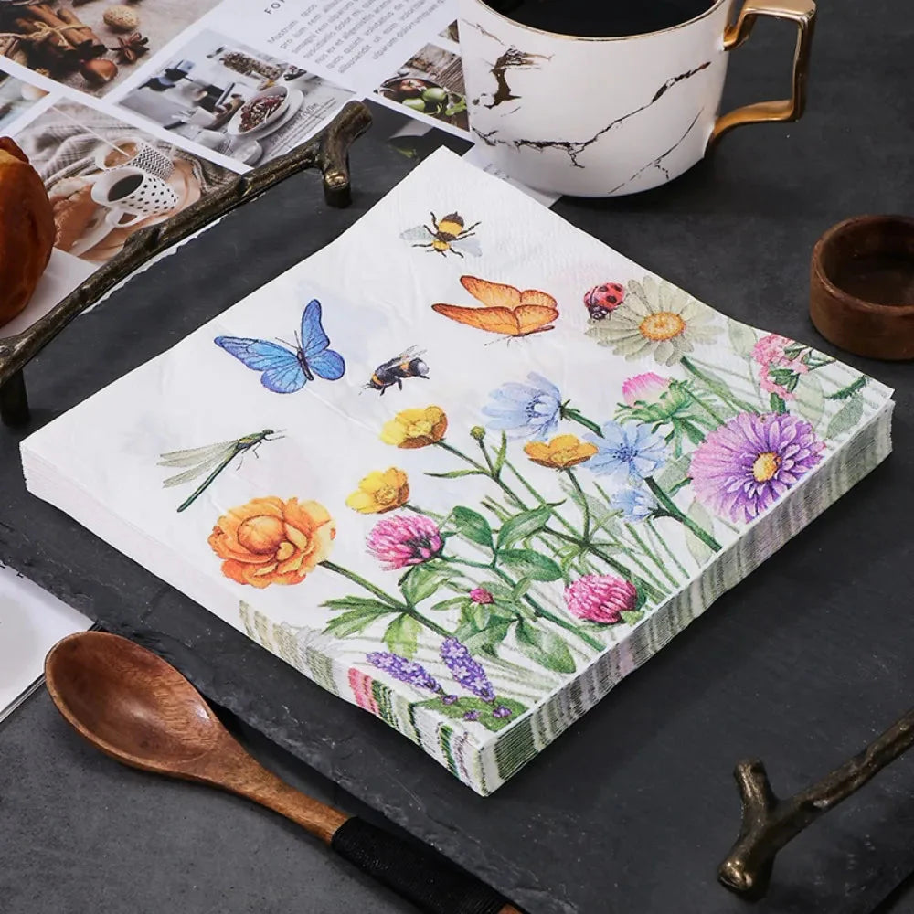 20pcs Napkins Paper Pastoral Style Bee Napkins Retro Rose Print Napkin | Bowlift