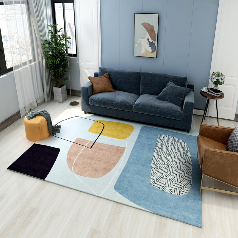 BowLift | Multi colored geometric block rug synthetic Scandinavian rug machine washable pet friendly non-slip rug for living room