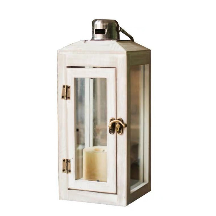 Three-Piece Rustic Whitewashed Wooden Glass Lantern Set with Metal Tops for Candles and Display Bowlift