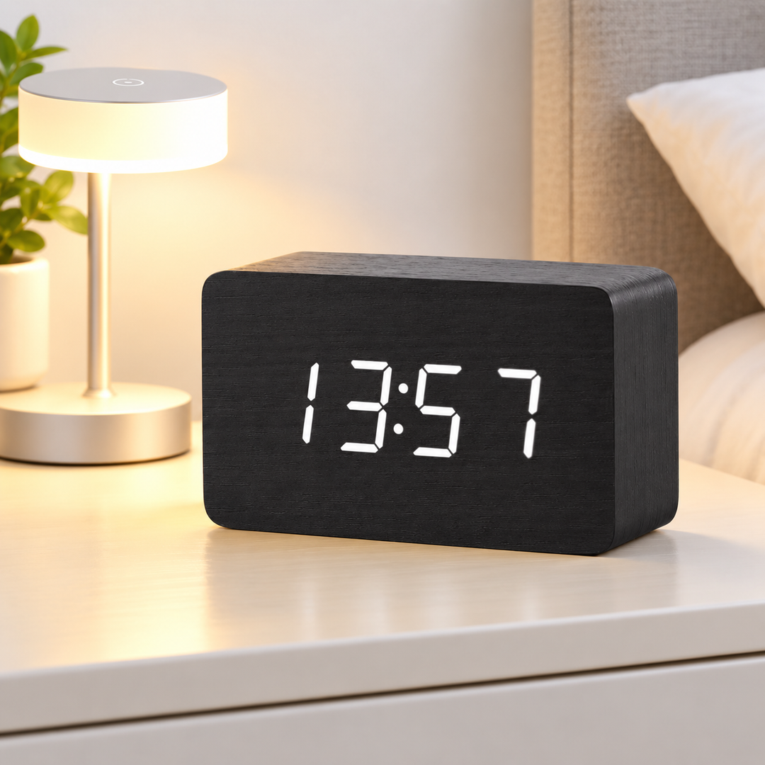 LED Wooden Digital Alarm Clock with Adjustable Brightness and Snooze Bowlift