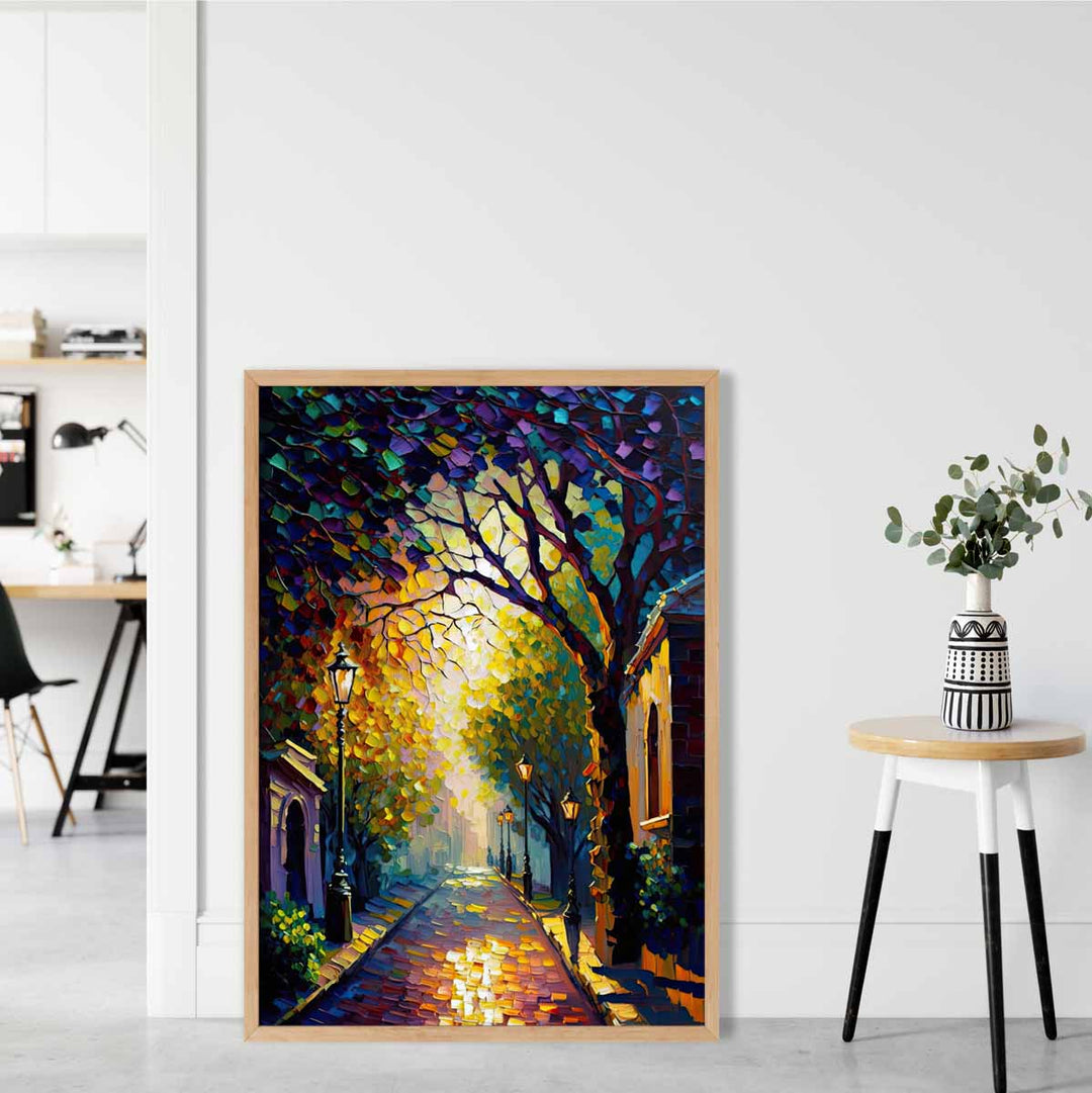 Autumn Dusk Street Palette Knife Painting Art Print No. 1 | Bowlift