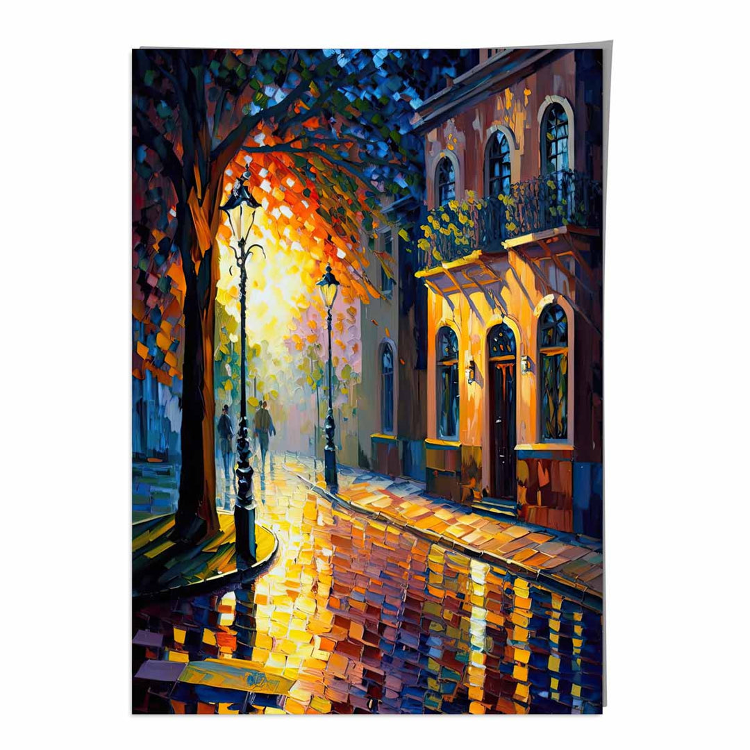 Autumn Twilight Street Palette Knife Painting Art Print No. 2 | Bowlift