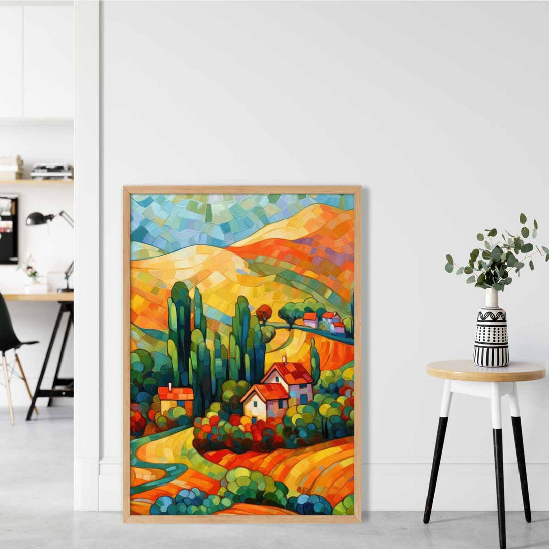 Colorful landscape with house abstract painting art print | Bowlift