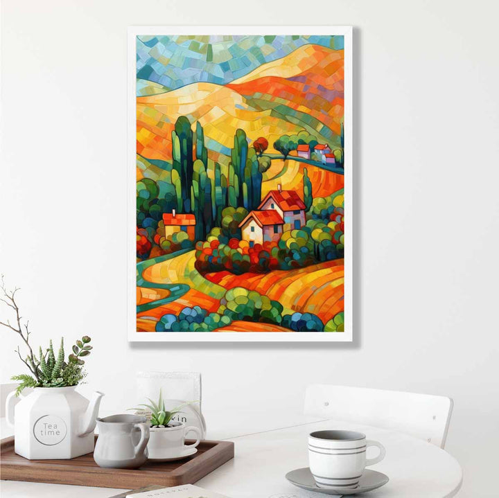 Colorful landscape with house abstract painting art print | Bowlift