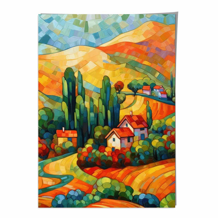 Colorful landscape with house abstract painting art print | Bowlift