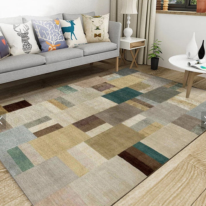 Trendy multicolored Nordic rug polypropylene abstract drawing rug non-slip stain-resistant machine washable rug for the living room | Bowlift