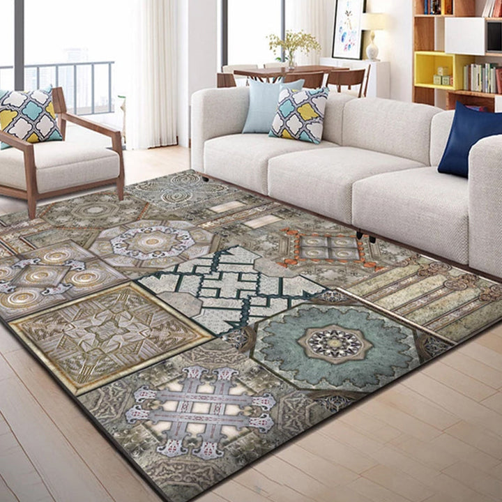 Trendy multicolored Nordic rug polypropylene abstract drawing rug non-slip stain-resistant machine washable rug for the living room | Bowlift
