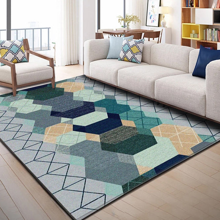 Trendy multicolored Nordic rug polypropylene abstract drawing rug non-slip stain-resistant machine washable rug for the living room | Bowlift